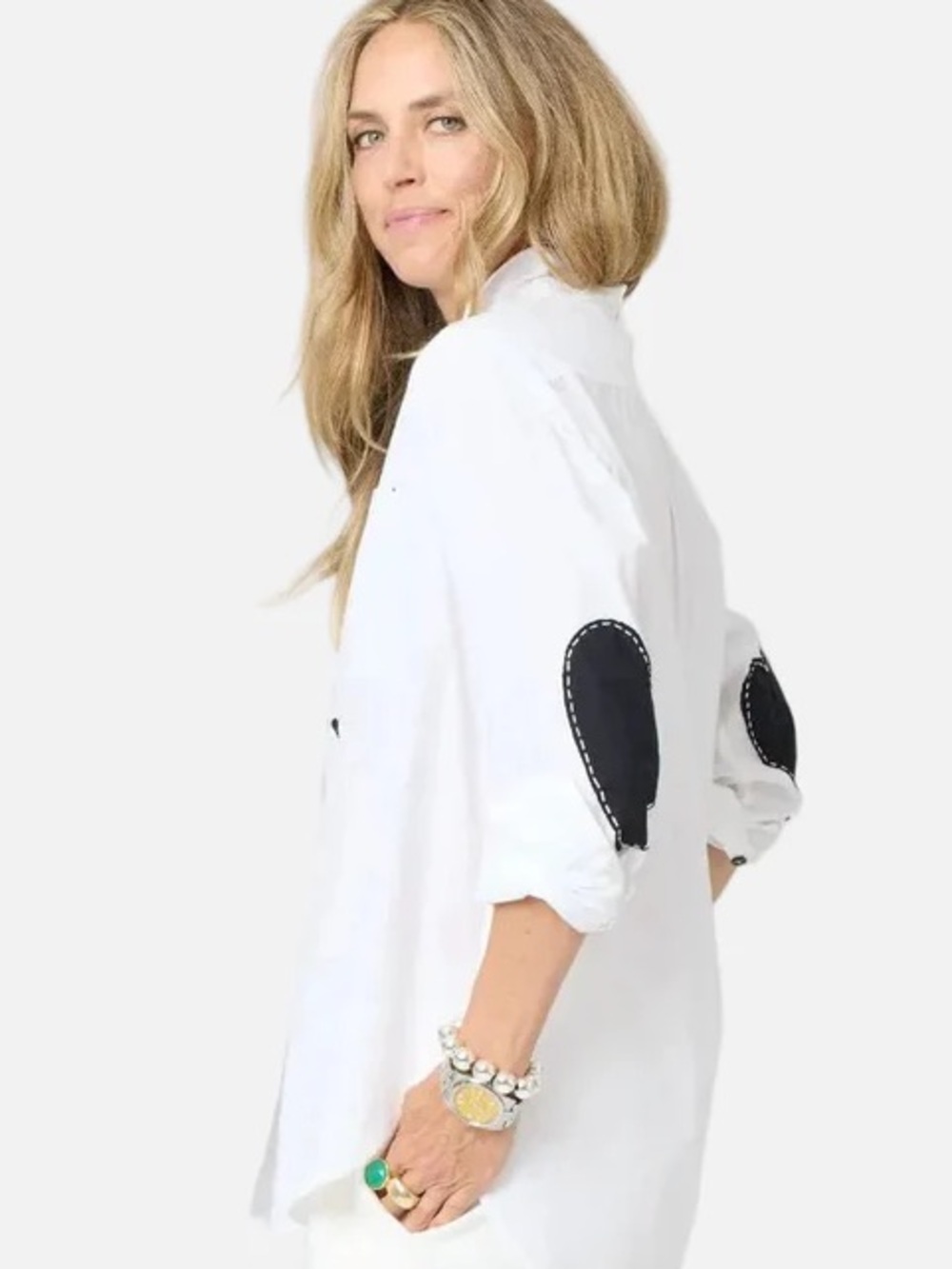 Kerri Rosenthal Mia White Shirt Button-Front Blouse Black Heart Elbow Patches XL - Picture 5 of 14